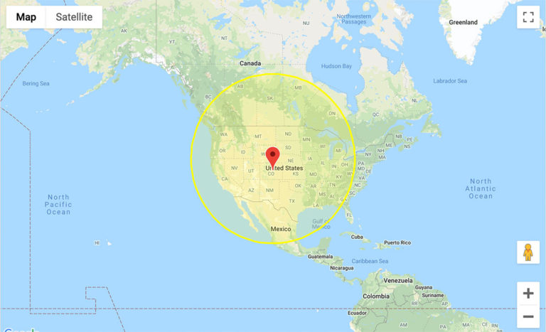 Satellite view of range map over United States with location pin in Colorado.