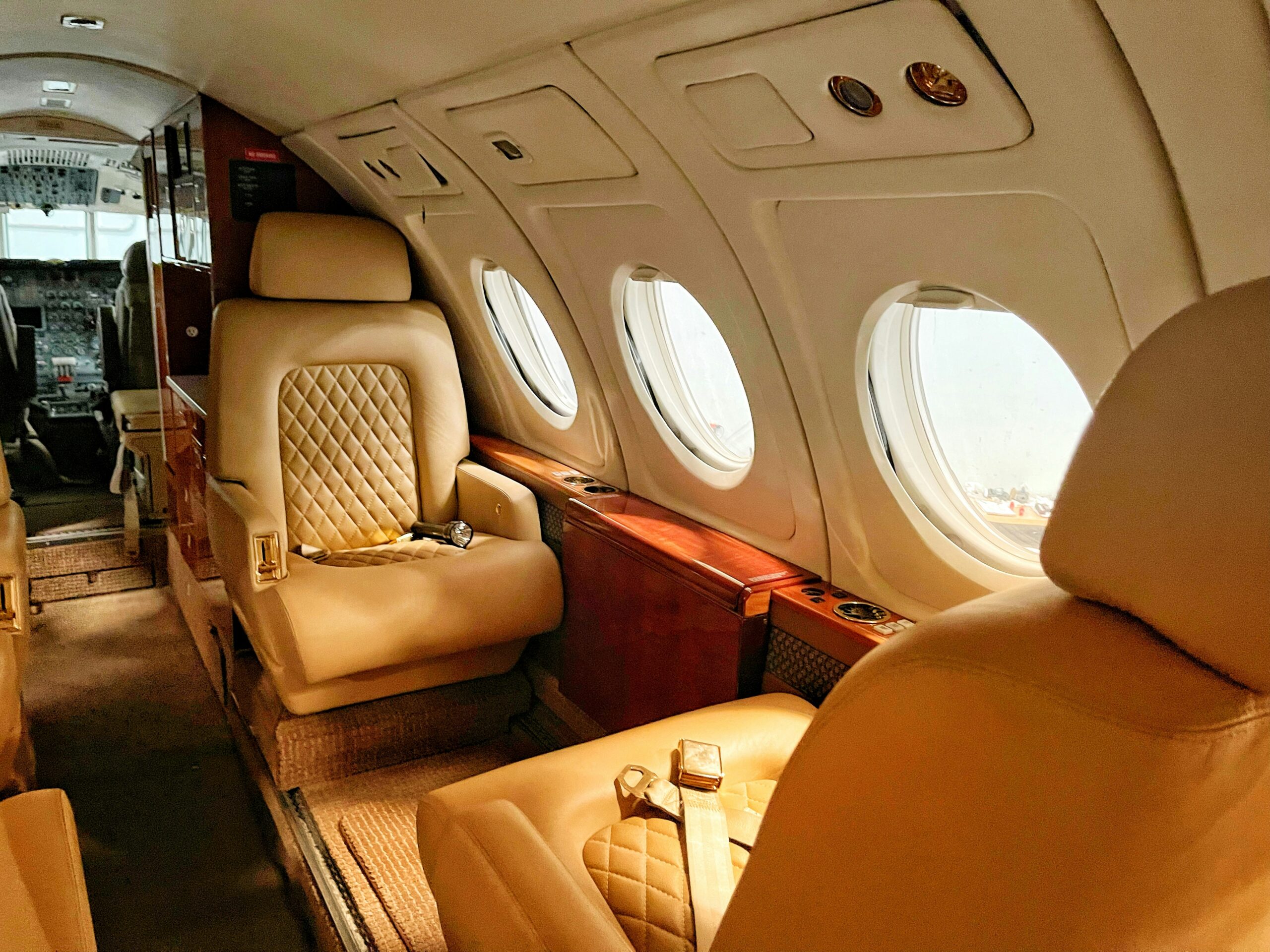 Sleek and opulent private jet interior showcasing comfortable seating and stylish cabin decor.